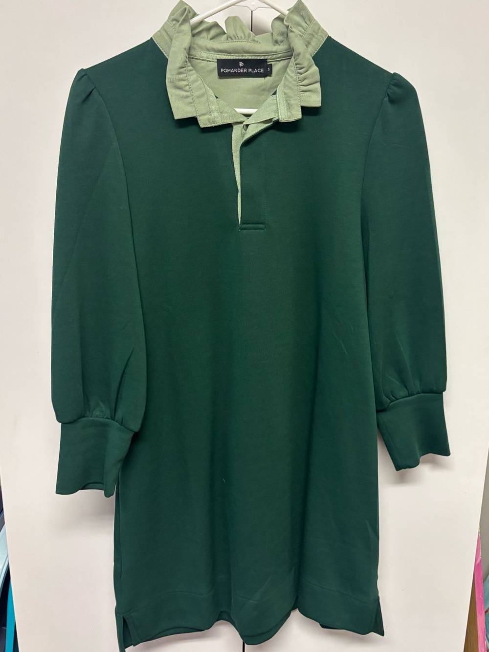 Pomander Place / Tuckernuck Dark Green Tunic with Light Green Ruffled Collar